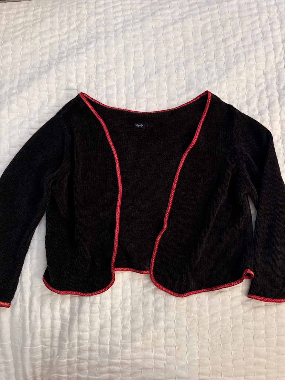 Black Women's Open-Front Sweater with Red Trim and quarter length sleeves